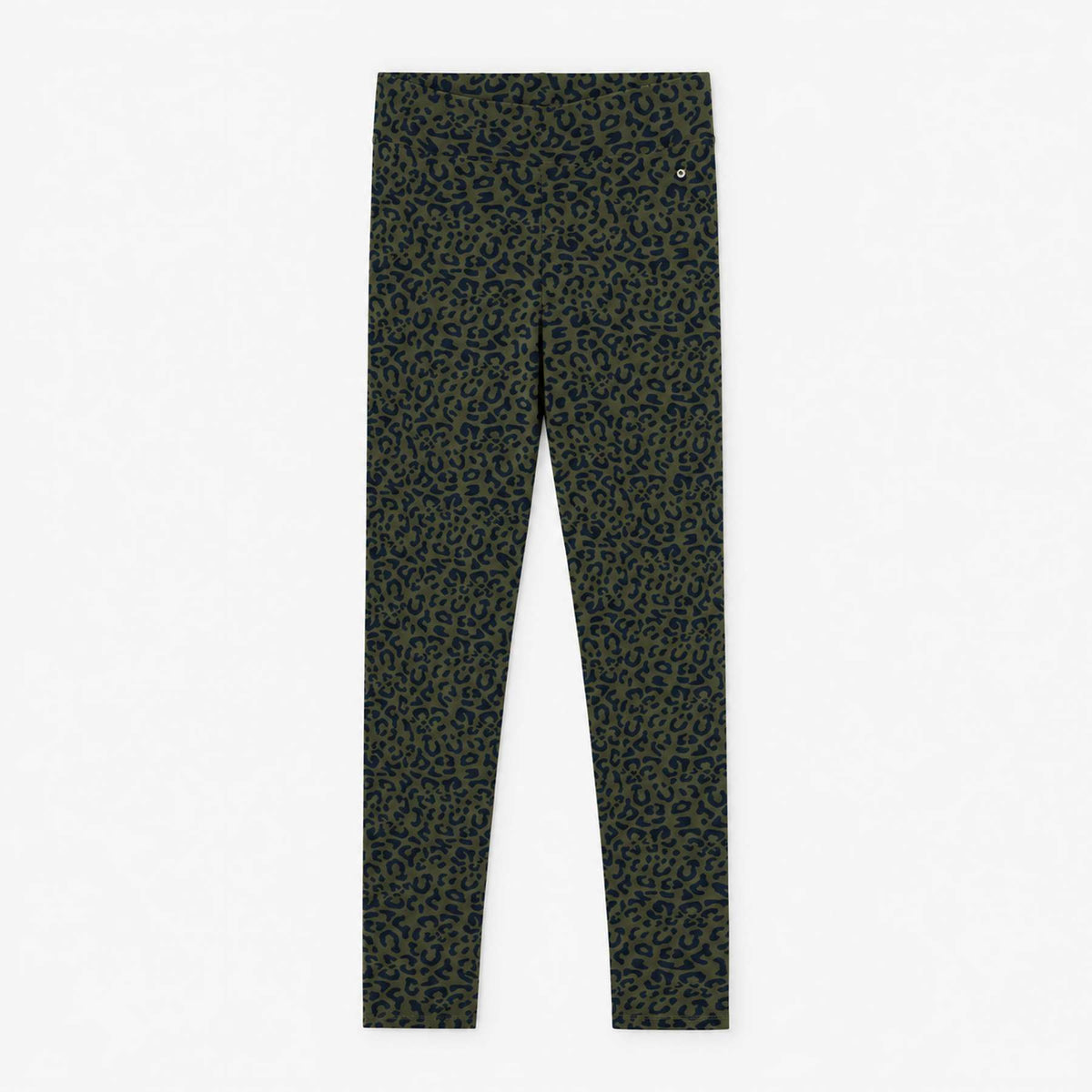 Green leopard print leggings shown flat against a plain white background.