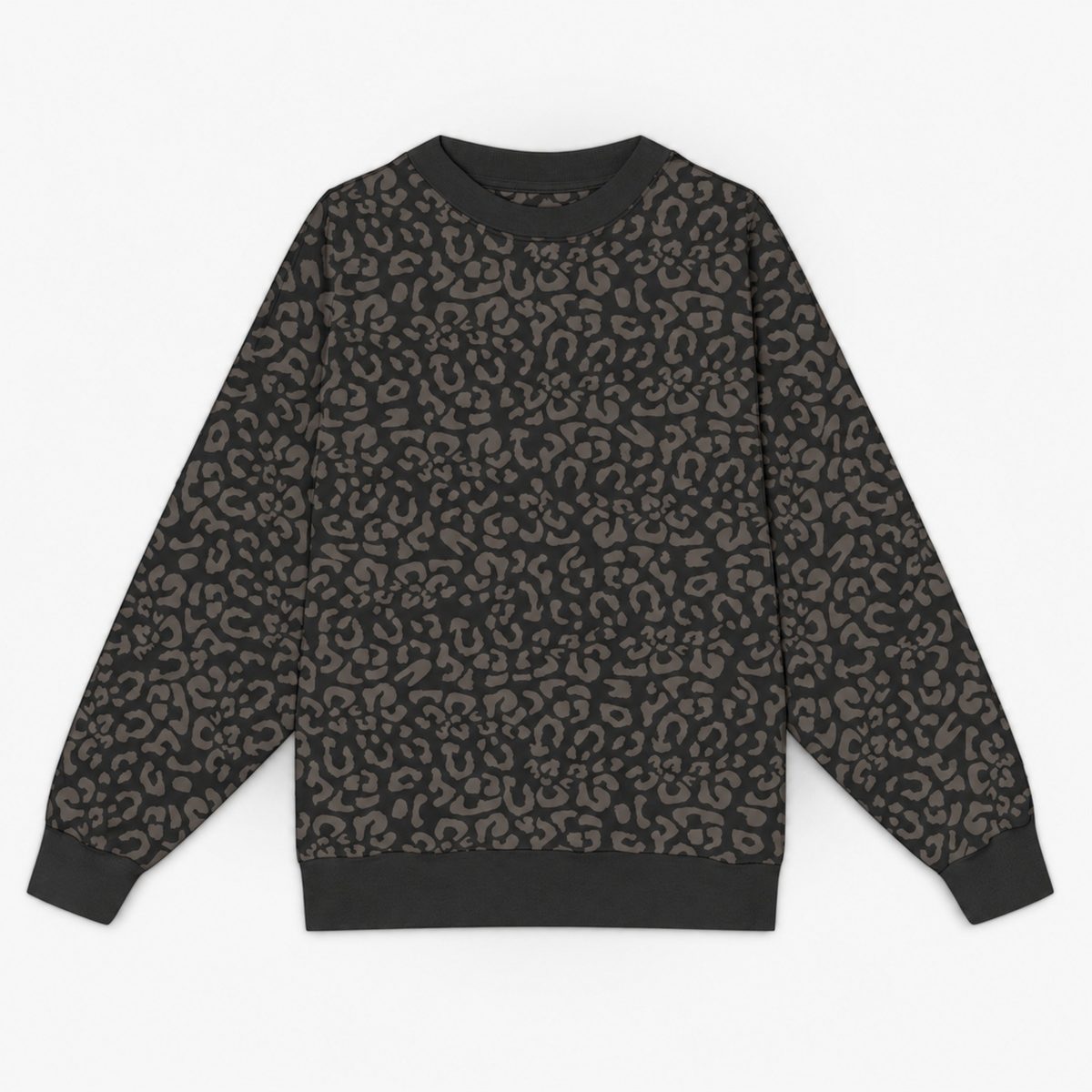 A long-sleeve crewneck leopard sweater made from organic cotton with solid black ribbed cuffs, hem, and collar, displayed flat against a light gray background.