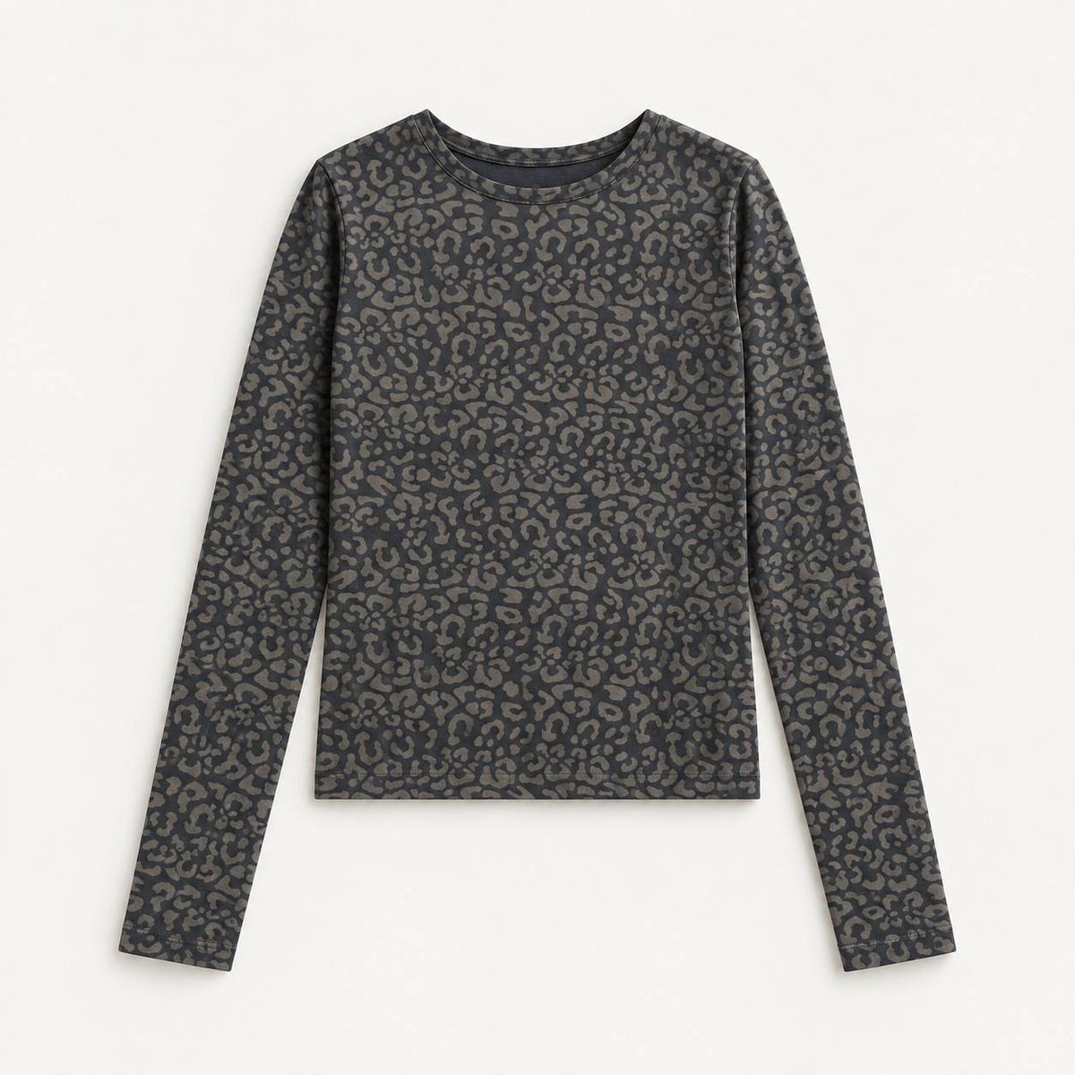 A black leopard long sleeve top with an all-over dark gray and black leopard print pattern, displayed flat against a light off-white background.