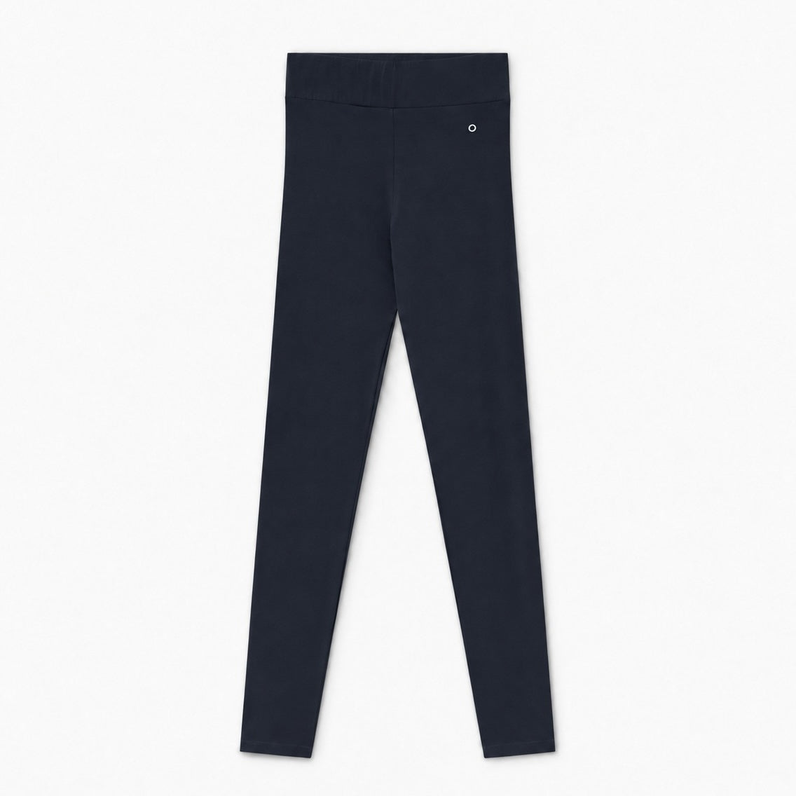 A pair of organic cotton high waist leggings deep blue color shown flat against a clean white background.