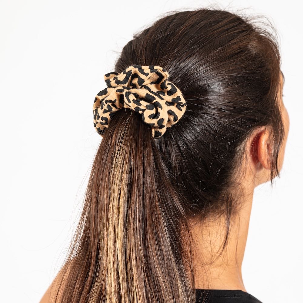hair model wearing zero waste scrunchy, soft organic cotton
